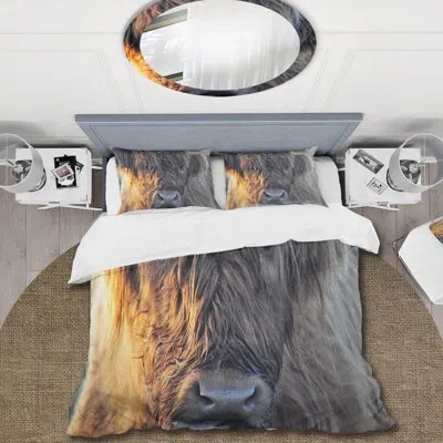 Design Art Scottish Cow On Moorland Iii - Farmhouse Duvet Cover Set - Microfiber Polyester In Gray