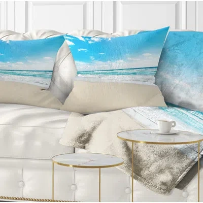 Design Art Sea Beach Against Wave Foaming - Sea & Shore Printed Throw Pillow In Blue;white