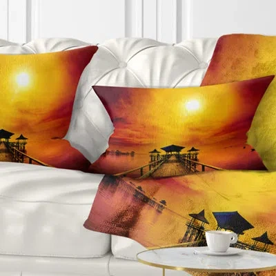 Design Art Sea Bridge Exotic Wood Pier Under Sun Lumbar Pillow In Yellow