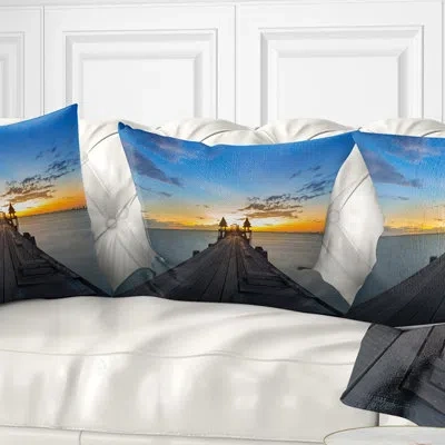 Design Art Sea Bridge Long Wood Pier Leading To Colorful Sea Pillow In Blue;black;brown;green;red;yellow