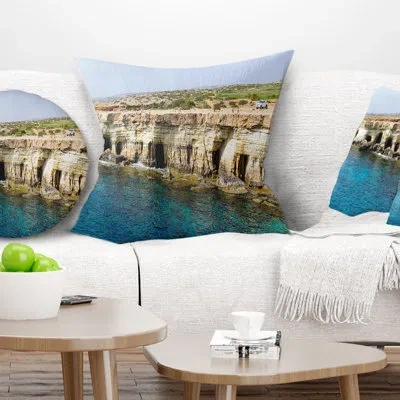 Design Art Sea Caves Near Cape Greko Panorama - Sea & Shore Printed Pillow In Blue;black;brown;green;red;yellow