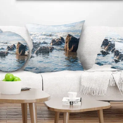 Design Art Sea Foam In Empty Rocky Seaside - Sea & Shore Printed Pillow In Blue;white