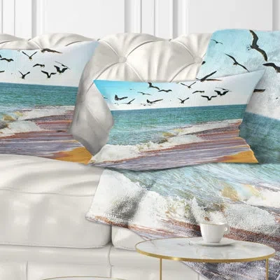 Design Art Sea Gulls Over The Seashore - Sea & Shore Printed Pillow