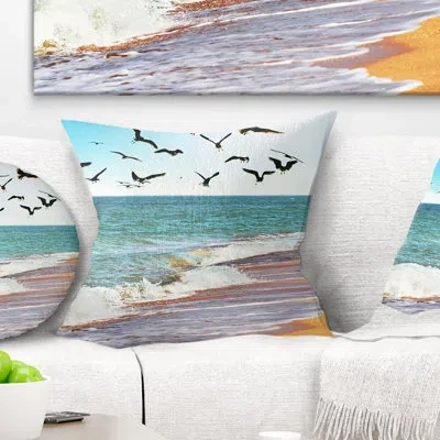 Design Art Sea Gulls Over The Seashore - Sea & Shore Printed Pillow In Blue;brown