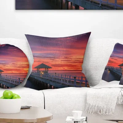 Design Art Sea Long Wooden Bridge And Colorful Sky Bridge Pillow In Blue;black;brown;green;red;yellow
