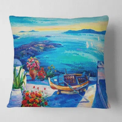 Design Art Sea View With Little Flowers Square Pillow Cover & Insert In Blue