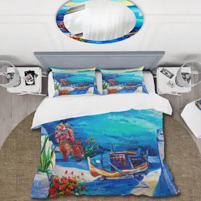 Design Art Sea View With Little Red Flowers - Nautical & Coastal Duvet Cover Set - Microfiber Polyester In Blue
