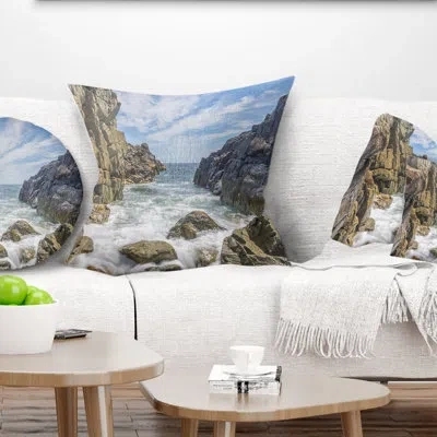 Design Art Sea Waves Hitting Rocky Shore - Sea & Shore Printed Pillow In Blue