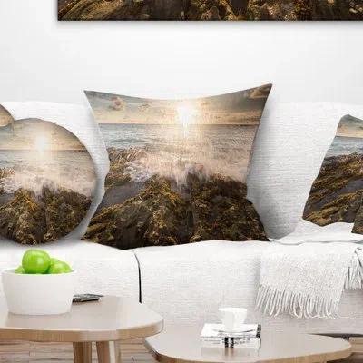 Design Art Sea Waves Impact On Rocky Shore - Sea & Shore Printed Pillow In White