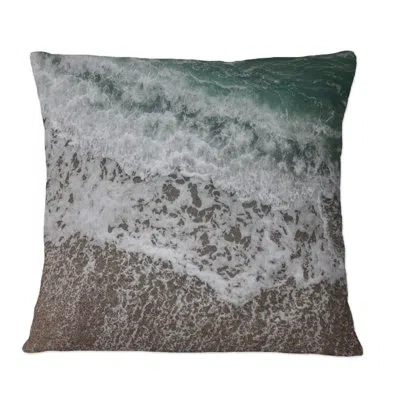 Design Art Sea Waves With Foam Breaking At The Shore - Nautical & Coastal Printed Throw Pillow In Blue