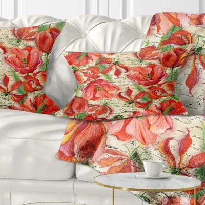 Design Art Seamless Red Flower Pattern - Floral Printed Throw Pillow