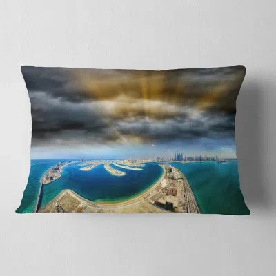 Design Art Seascape Dubai Jumeirah Palm Aerial View Lumbar Pillow In Blue