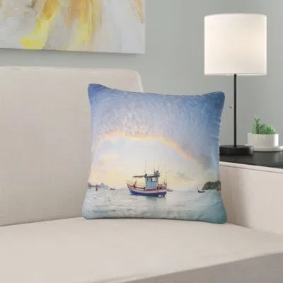 Design Art Seascape Fishing Boat At Phuket Sunrise Beach Pillow In Blue;orange