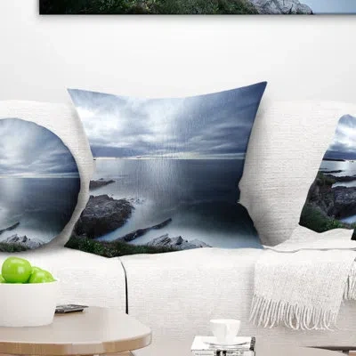Design Art Seascape Gloomy Bluish Atlantic Beach Portugal Pillow In Blue
