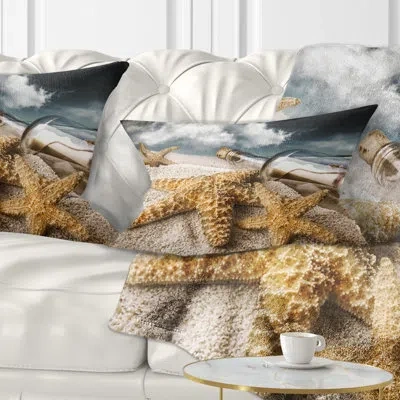 Design Art Seascape Message Bottle Buried In Sand Lumbar Pillow In Gold