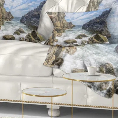 Design Art Seascape Sea Waves Hitting Rocky Shore Lumbar Pillow