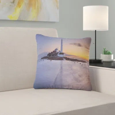 Design Art Seascape Sunrise Over St. Mary's Lighthouse Pillow In Blue;black;brown;green;red;yellow