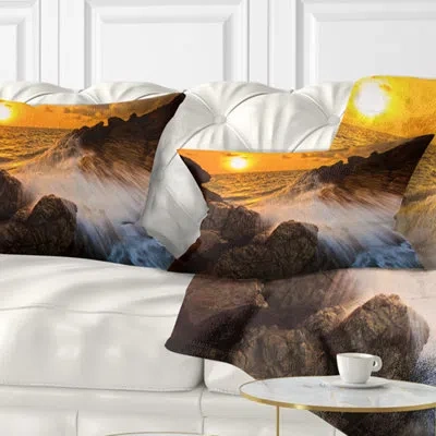 Design Art Seascape Sunset Sea Wave Impact Rocks At Sunset Lumbar Pillow