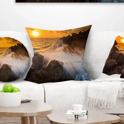 Design Art Seascape Sunset Sea Wave Impact Rocks At Sunset Pillow In Blue