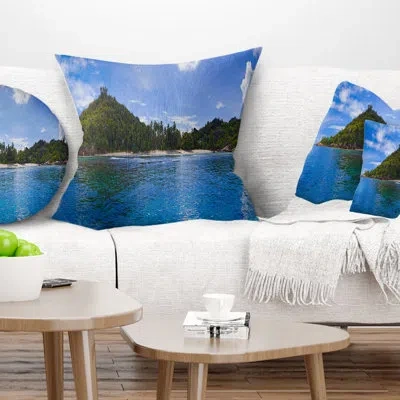Design Art Seascape Tropical Island At Seychelles Panorama Pillow In Blue;black;brown;green;red;yellow