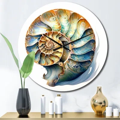 Design Art Seashell Symphony I Metal Wall Clock In Blue;brown;yellow