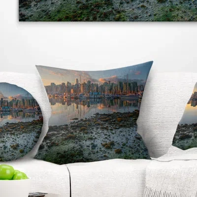 Design Art Seashore Beautiful Sunrise At Vancouver Downtown Pillow In Green