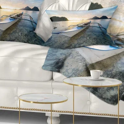 Design Art Seashore Boat Docked At Beautiful Sunset Lumbar Pillow