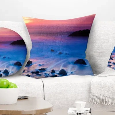 Design Art Seashore Bright Colorful Rocky Coast Panorama Pillow In Blue;orange
