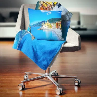 Design Art Seashore Camogli Church On Sea And Beach View Pillow In Blue