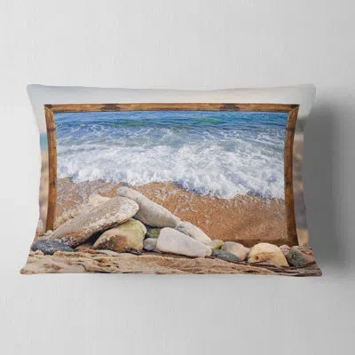 Design Art Seashore Framed Effect Waves And Rocks Throw Pillow In Blue