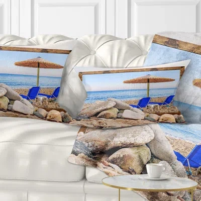 Design Art Seashore Photo Framed Effect Beach With Chairs Umbrella Lumbar Pillow