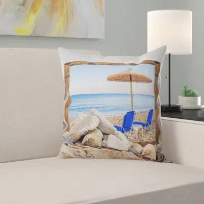 Design Art Seashore Photo Framed Effect Beach With Chairs Umbrella Throw Pillow