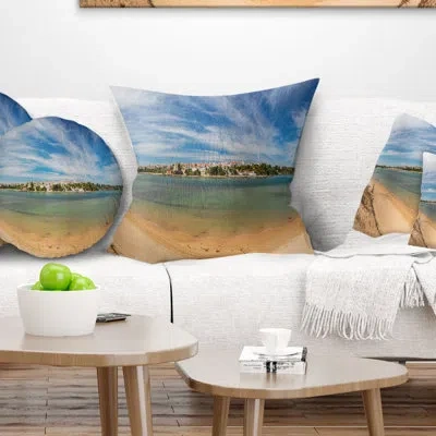 Design Art Seashore Portuguese Maritime Village Panorama Pillow In Blue