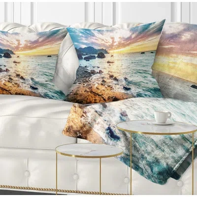 Design Art Seashore Summer Sea With Mountains And Waves Pillow In Blue;orange