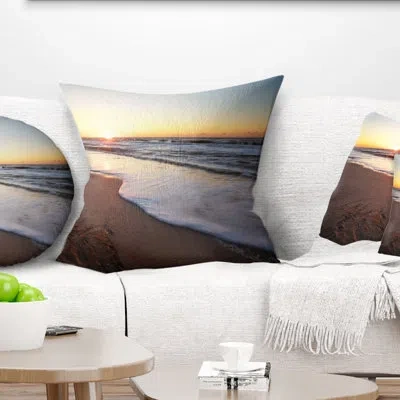 Design Art Seashore Under Fiery Sunset Sky - Sea & Shore Printed Pillow In Yellow