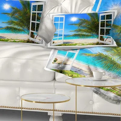Design Art Seashore Window Open To Beach With Palm Lumbar Pillow