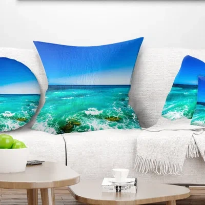 Design Art Seashore With Clear Water And Sky - Sea & Shore Printed Pillow In Blue