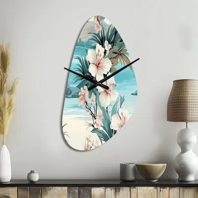 Design Art Seaside Reflections Tropical Pattern - Coastal Asymmetrical Metal Wall Clock, White Unique Shape Wal