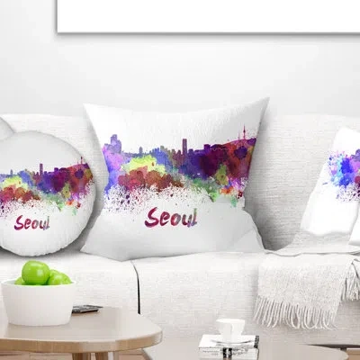 Design Art Seoul Skyline - Cityscape Printed Pillow In Yellow;purple