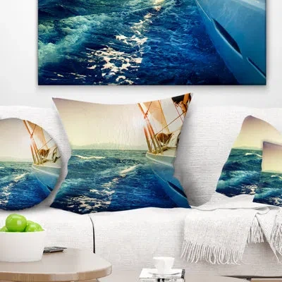 Design Art Sepia Toned Yacht Sailing In Sea - Sea & Shore Printed Pillow In Blue
