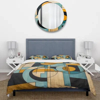 Design Art Serendipity Abstract Mid-century Geometrics - Abstract Duvet Cover Set - Microfiber Polyester In Blue;gold