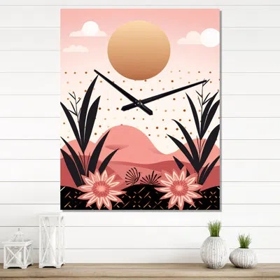 Design Art Serene Abstract Landscape In Retro Pastel I - Abstract Modern Wall Clock In Black;pink