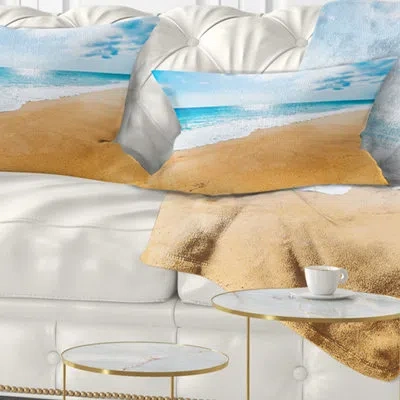 Design Art Serene Beach And Sun Daylight - Sea & Shore Printed Throw Pillow In Blue;white