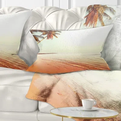 Design Art Serene Beach With Huge Palm Trees - Sea & Shore Printed Throw Pillow In White;white