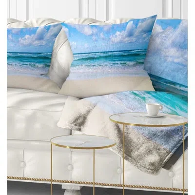 Design Art Serene Blue Tropical Beach - Sea & Shore Printed Throw Pillow In White