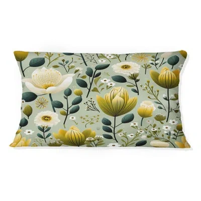 Design Art Serene Green Garden Blooms I - Floral Printed Pillow In White;green