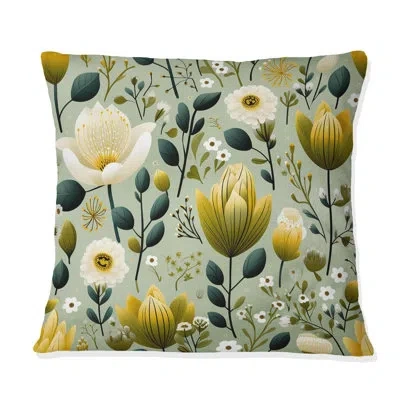 Design Art Serene Green Garden Blooms I - Floral Printed Throw Pillow In White;green