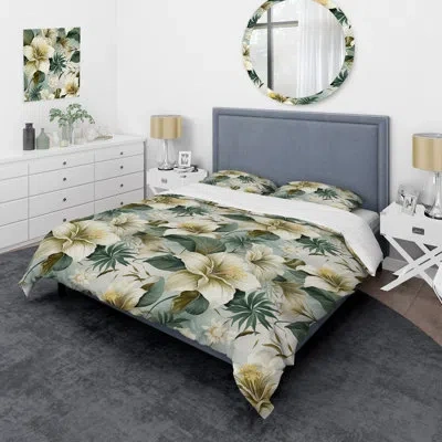 Design Art Serene Jungle I - Plants Duvet Cover Set - Microfiber Polyester In White;green