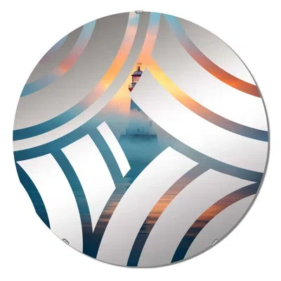 Design Art Serene Lighthouse In Sunset Mist - Centre Wave Decorative Mirror In Blue