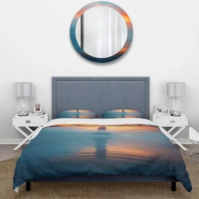 Design Art Serene Lighthouse In Sunset Mist - Coastal Duvet Cover Set - Microfiber Polyester In Blue